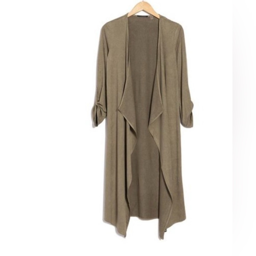 TAHARI Faux Suede Tab Sleeve Draped Cardigan in Basil NWOT - Picture 3 of 12